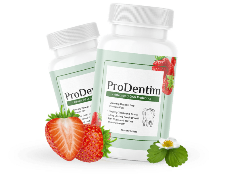 ProDentim bottle next to fresh mint leaves symbolizing fresh breath and oral care
